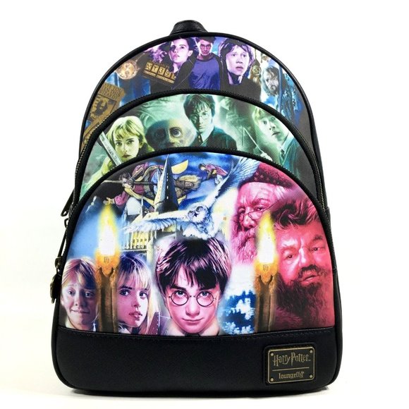 Loungefly Harry Potter Character Backpack - Black and Multicolor Loungefly Harry Potter Trilogy Triple Pocket Mini Backpack  main image 4